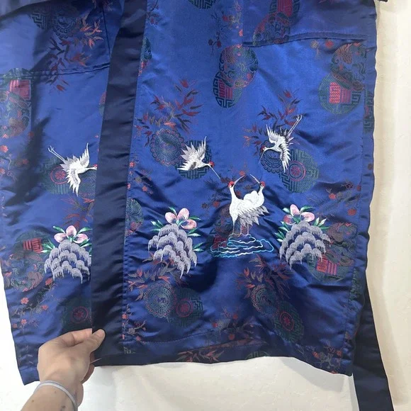Vintage Silk Blend Chinese Hand Embroidered Kimono Robe Flower Birds Crane Stork - Picture 7 of 9